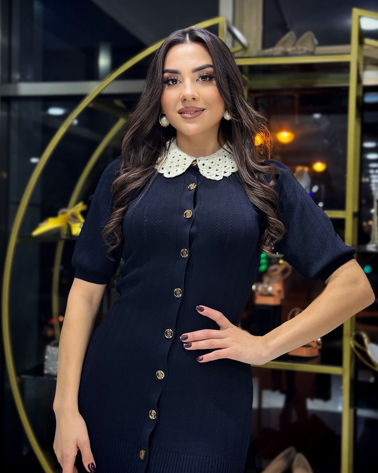 New Product Selection: Spring French Doll Collar, Floral Edge Collar, Bubble Sleeve, Slimming and Slimming Short Sleeve Knitted Dress, Single Row Gold Button Long Dress