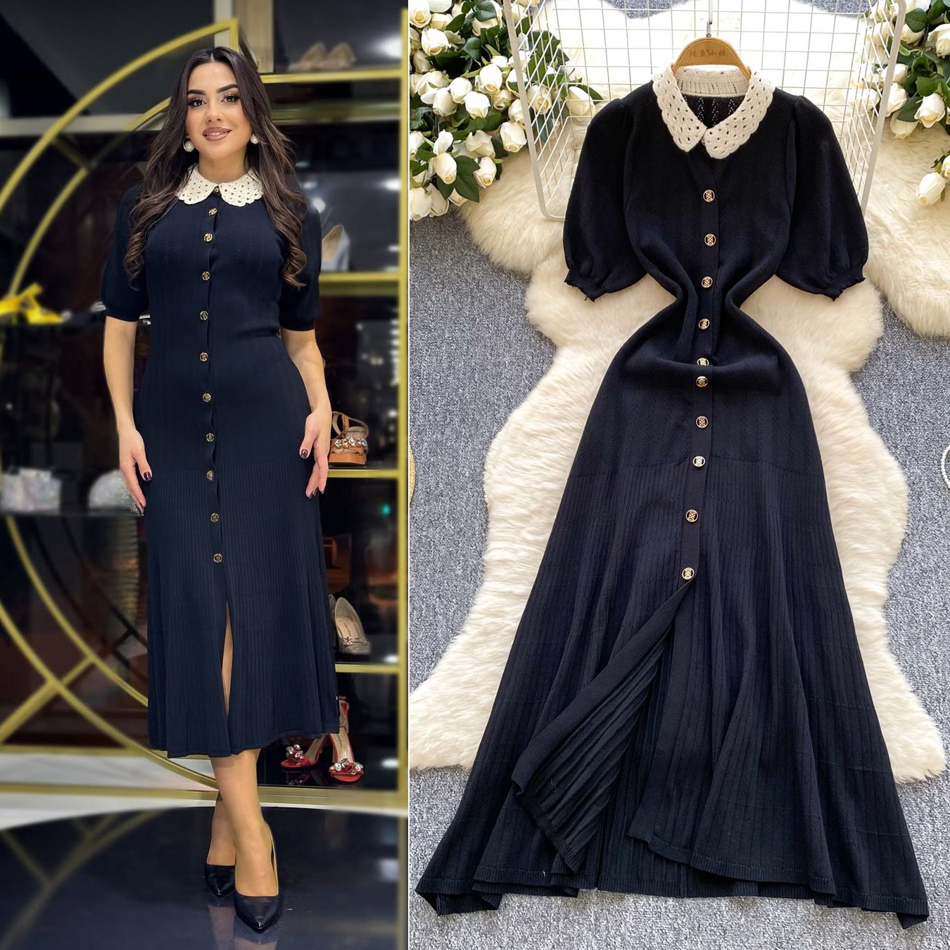 New Product Selection: Spring French Doll Collar, Floral Edge Collar, Bubble Sleeve, Slimming and Slimming Short Sleeve Knitted Dress, Single Row Gold Button Long Dress