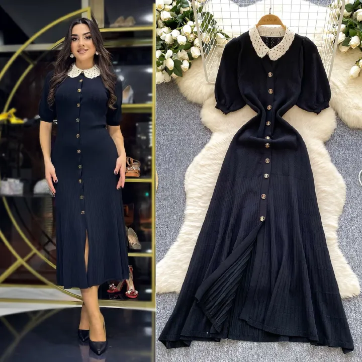 New Product Selection: Spring French Doll Collar, Floral Edge Collar, Bubble Sleeve, Slimming and Slimming Short Sleeve Knitted Dress, Single Row Gold Button Long Dress