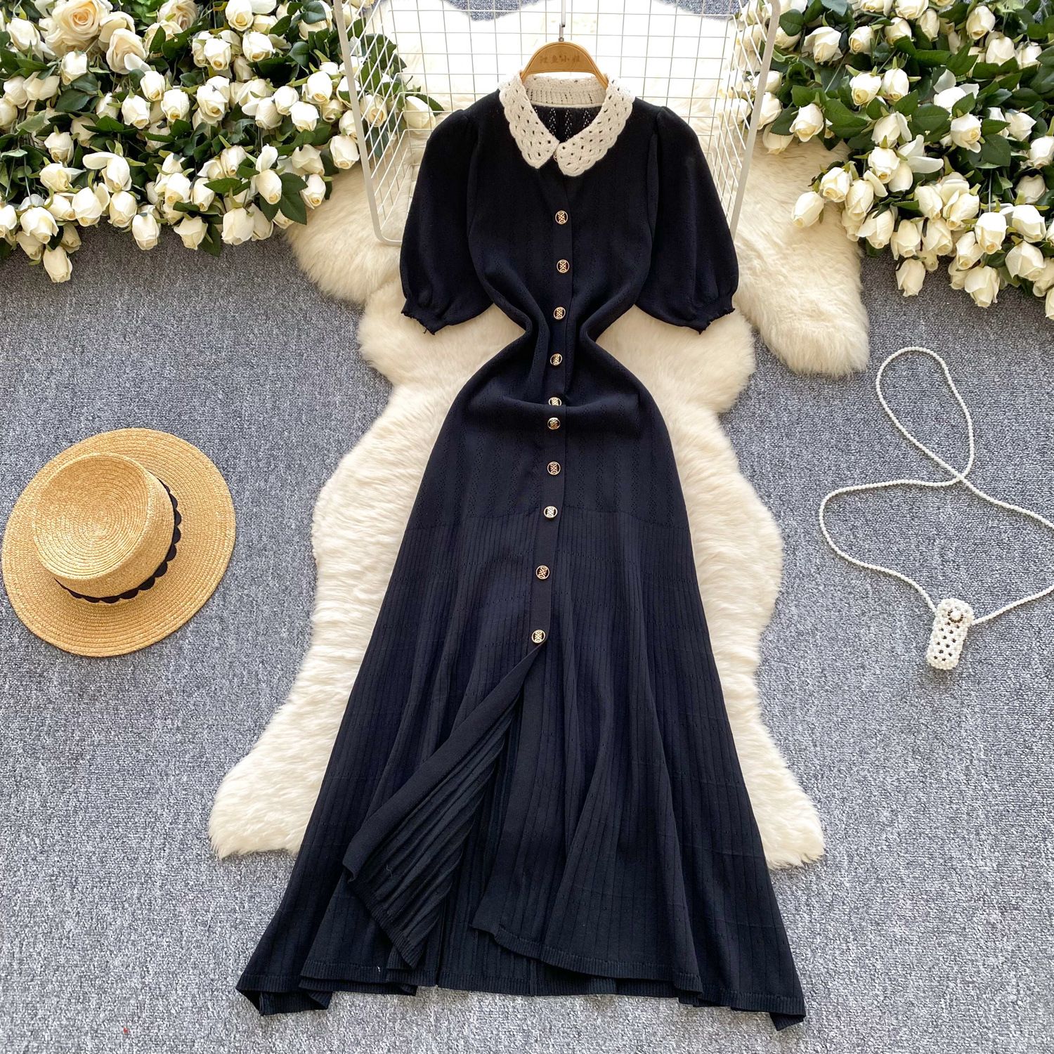 New Product Selection: Spring French Doll Collar, Floral Edge Collar, Bubble Sleeve, Slimming and Slimming Short Sleeve Knitted Dress, Single Row Gold Button Long Dress