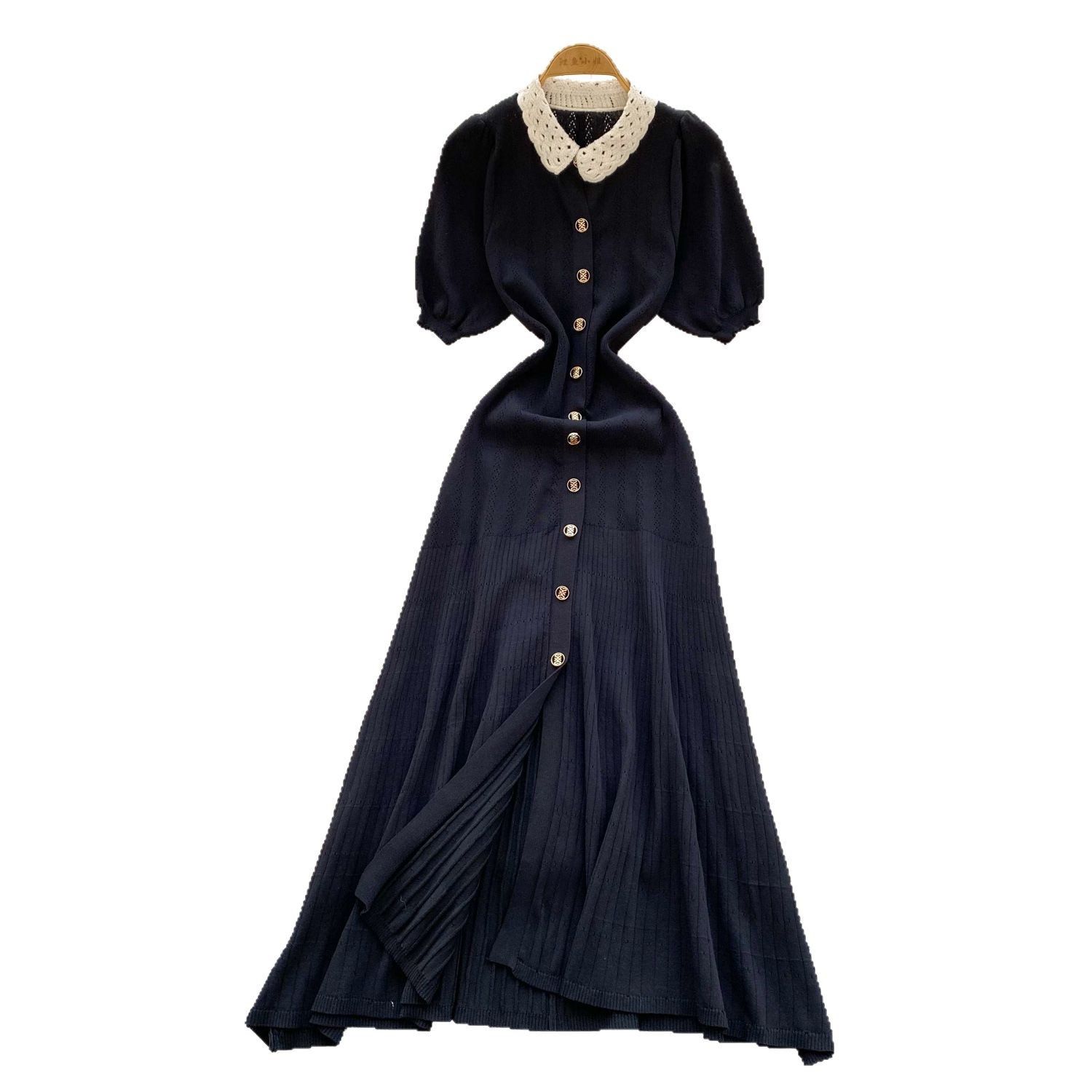 New Product Selection: Spring French Doll Collar, Floral Edge Collar, Bubble Sleeve, Slimming and Slimming Short Sleeve Knitted Dress, Single Row Gold Button Long Dress