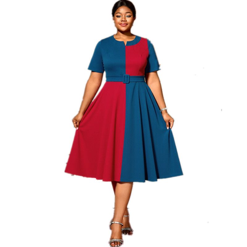 New product selection: plus size women's red and blue contrasting short sleeved dress, round neck belt, elegant retro A-list party dress, Dresses