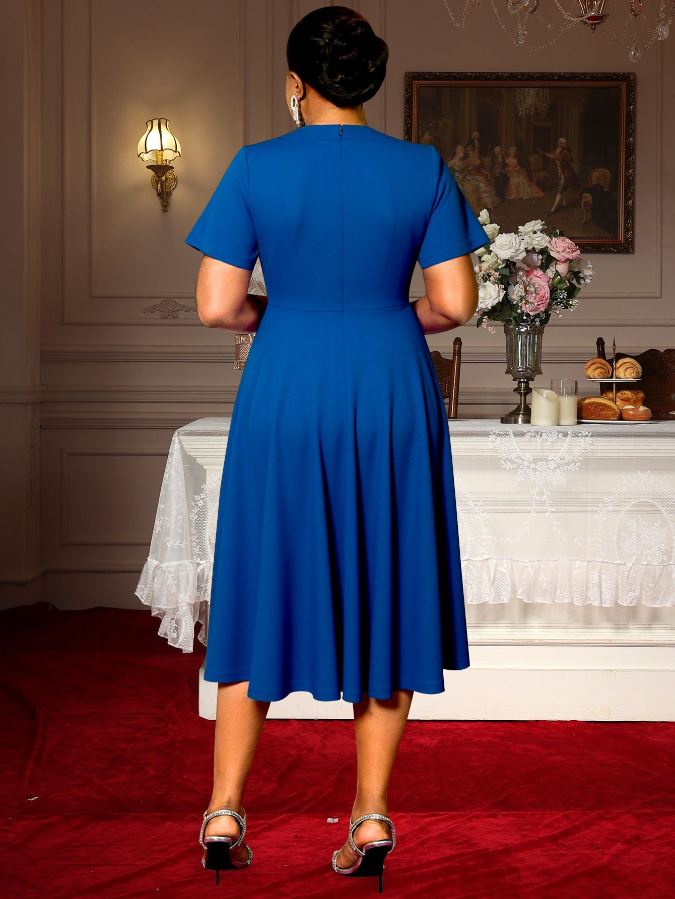 New product selection: plus size women's red and blue contrasting short sleeved dress, round neck belt, elegant retro A-list party dress, Dresses