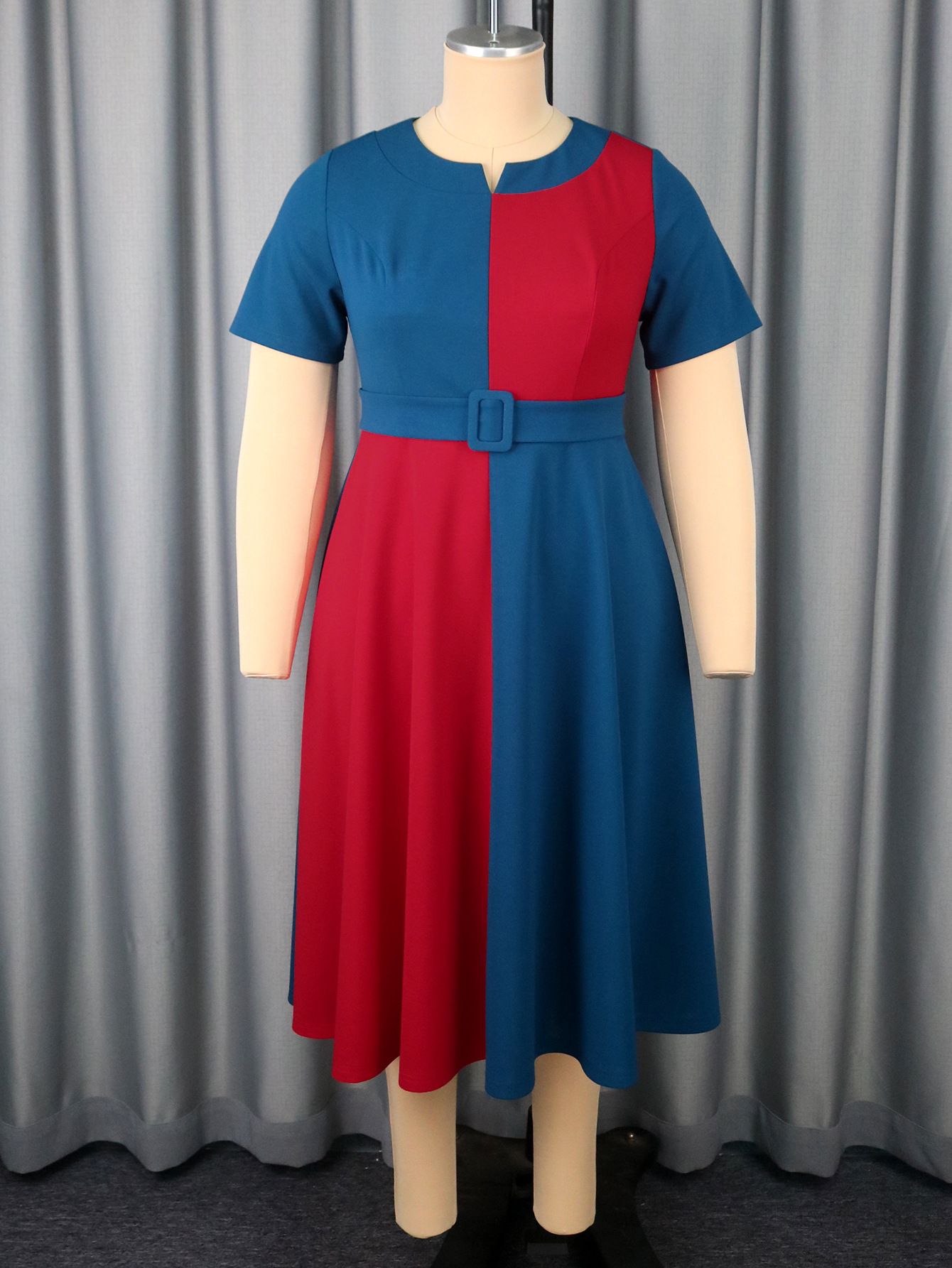 New product selection: plus size women's red and blue contrasting short sleeved dress, round neck belt, elegant retro A-list party dress, Dresses