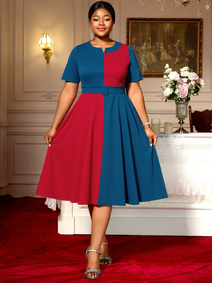 New product selection: plus size women's red and blue contrasting short sleeved dress, round neck belt, elegant retro A-list party dress, Dresses