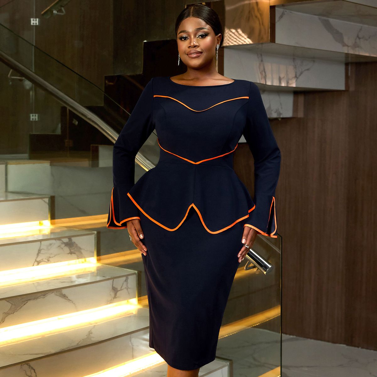 New Product Selection: AM041125 Large African U-neck Trumpet Sleeves, Hip Wrap Skirt, Cocktail Party, Workplace Atmosphere, Color Contrasting Dress, Dress
