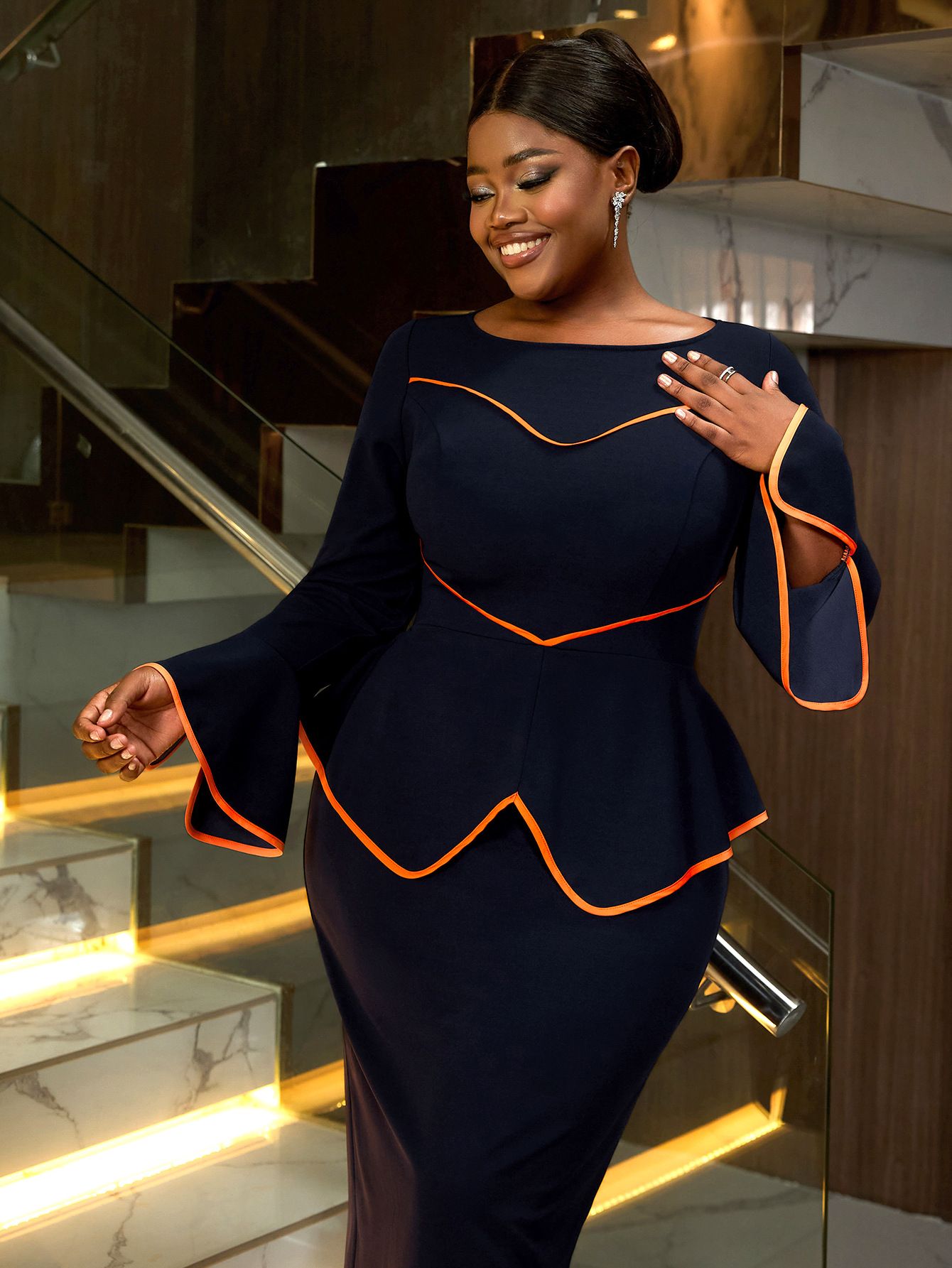 New Product Selection: AM041125 Large African U-neck Trumpet Sleeves, Hip Wrap Skirt, Cocktail Party, Workplace Atmosphere, Color Contrasting Dress, Dress
