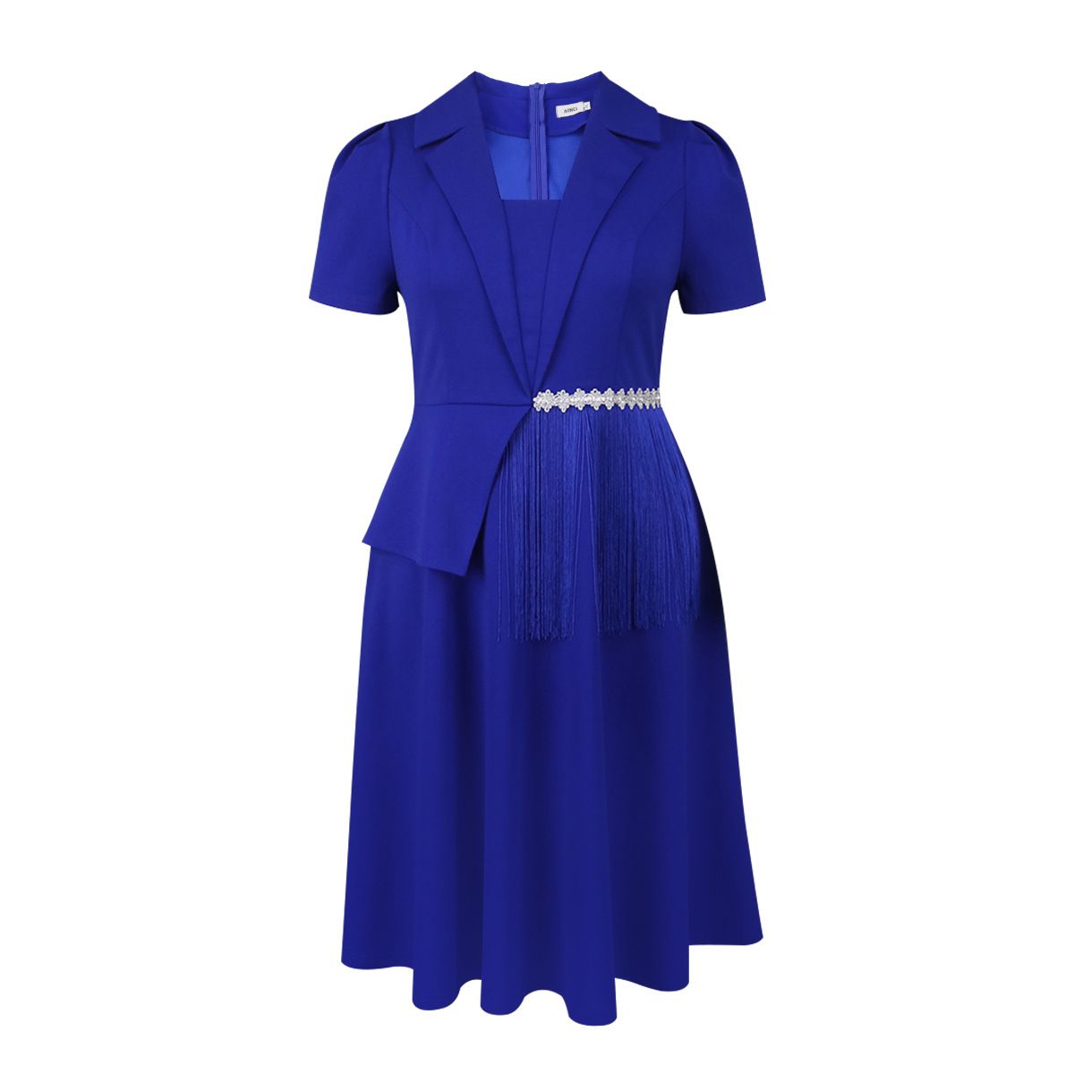 New product selection: AM050320 plus size women's collar with irregular tassel design, suit skirt with elegant temperament, A waist cinched dress in blue