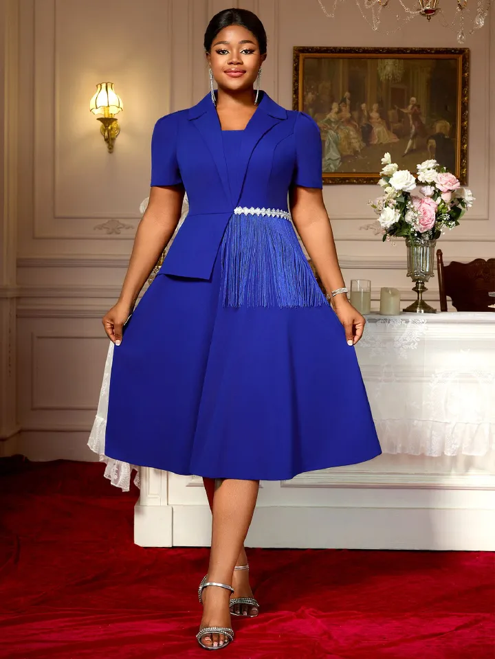 New product selection: AM050320 plus size women's collar with irregular tassel design, suit skirt with elegant temperament, A waist cinched dress in blue