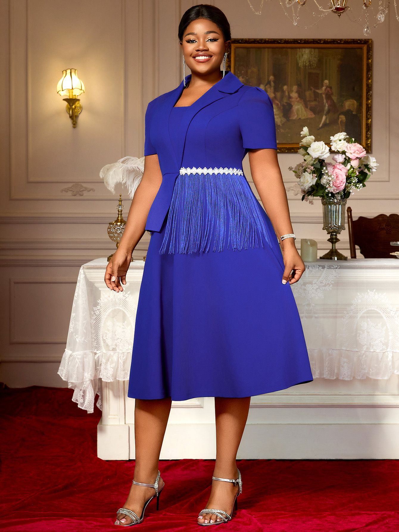 New product selection: AM050320 plus size women's collar with irregular tassel design, suit skirt with elegant temperament, A waist cinched dress in blue