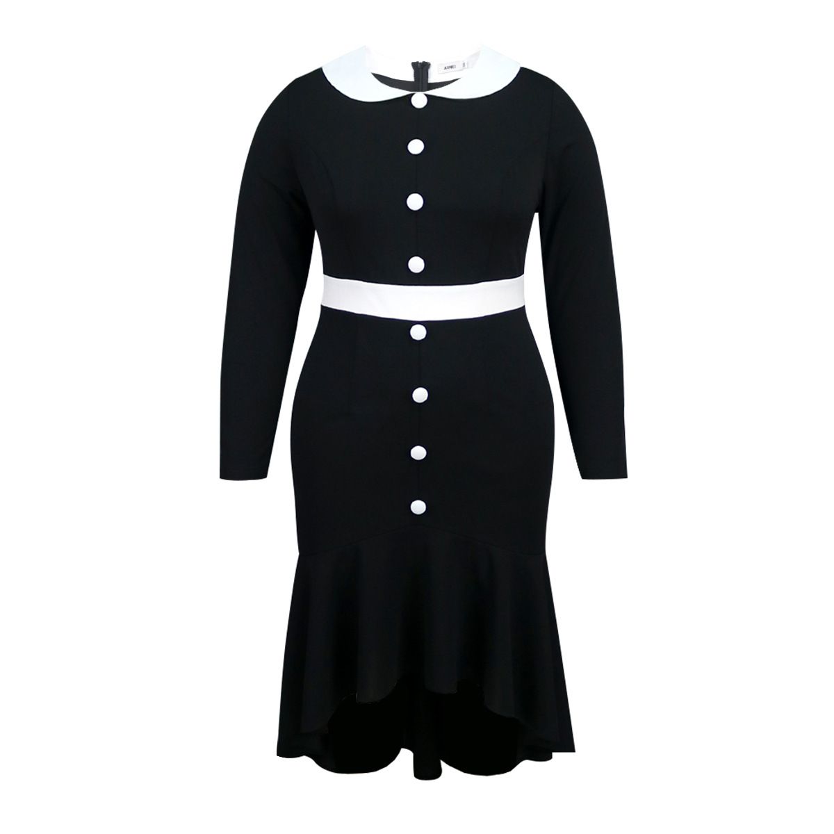New product selection: plus size retro long sleeved dress, fashionable doll collar, fake buttons, high waist, slimming, wrapped buttocks, fishtail skirt, Dresses