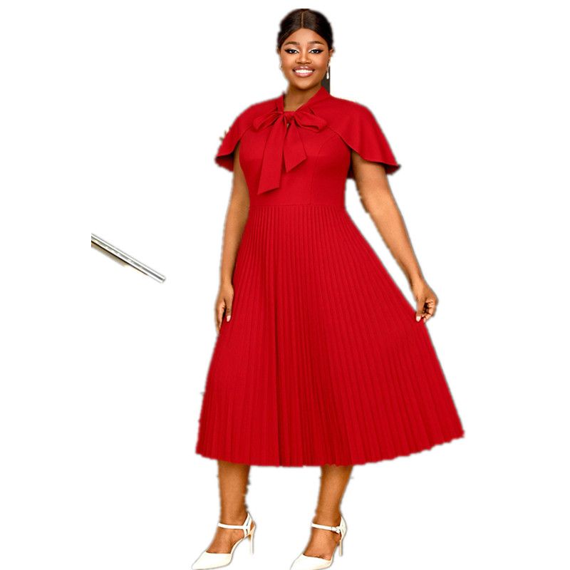 New product selection: European and American plus size red stand up collar bow cape, short sleeved pleated dress, elegant workplace atmosphere, wedding evening dress