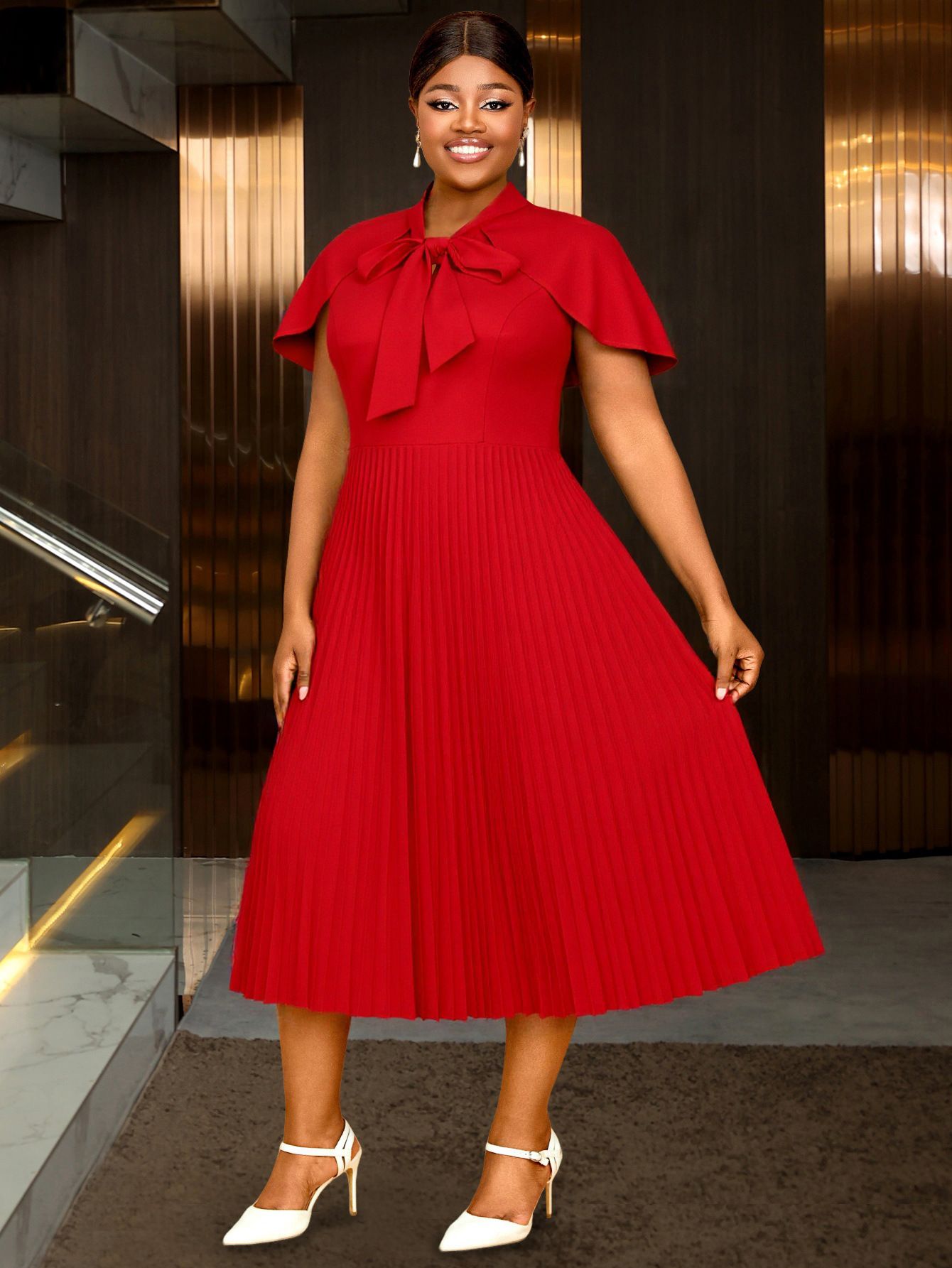 New product selection: European and American plus size red stand up collar bow cape, short sleeved pleated dress, elegant workplace atmosphere, wedding evening dress