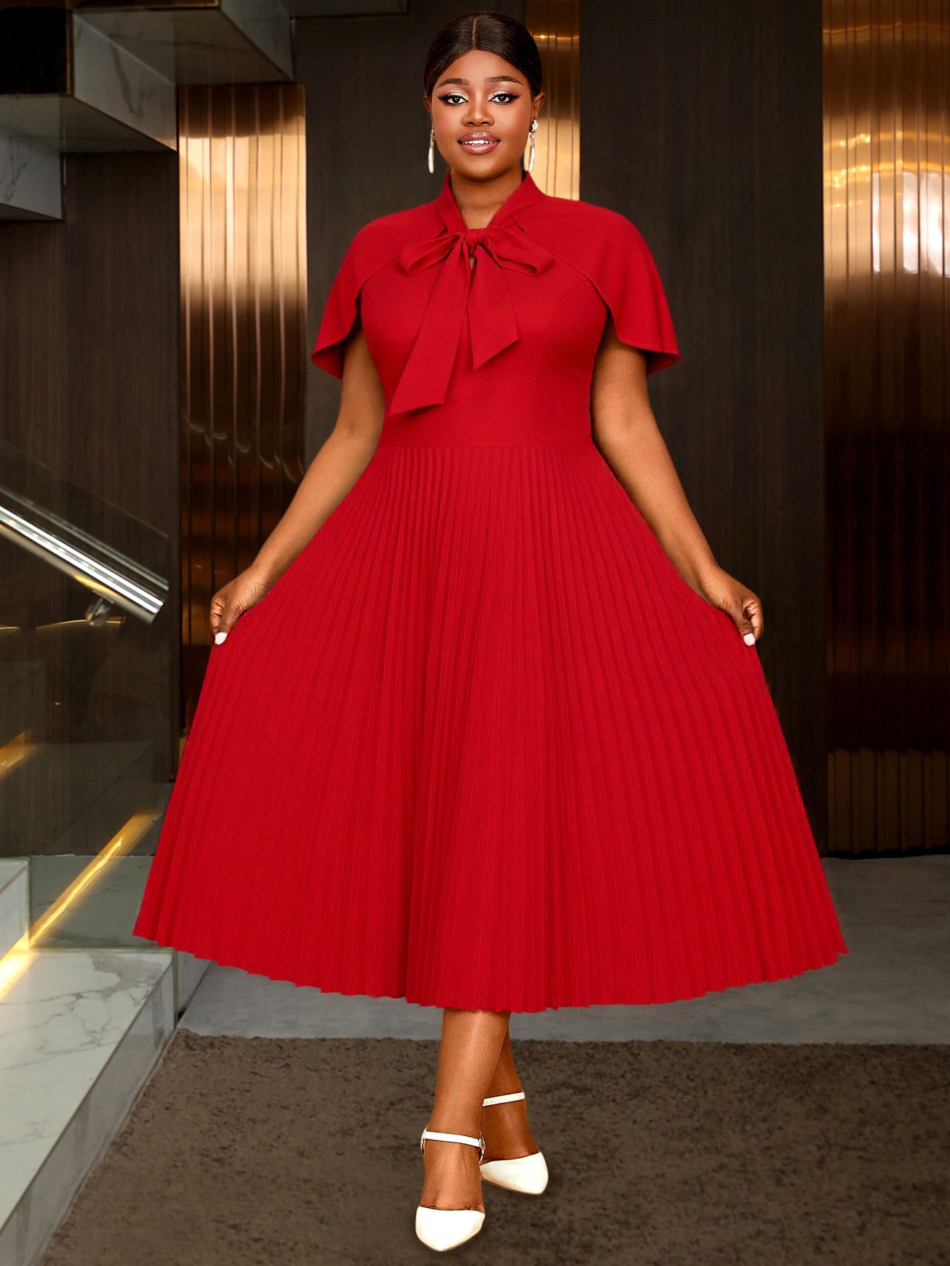 New product selection: European and American plus size red stand up collar bow cape, short sleeved pleated dress, elegant workplace atmosphere, wedding evening dress