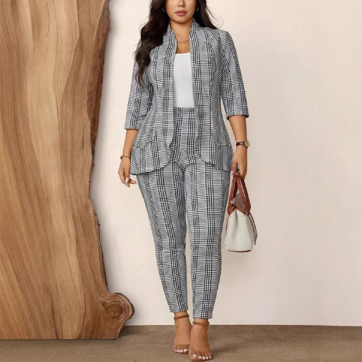 New product selection: European and American Amazon AliExpress women's plus size plaid printed casual suit jacket and pants two-piece set for autumn