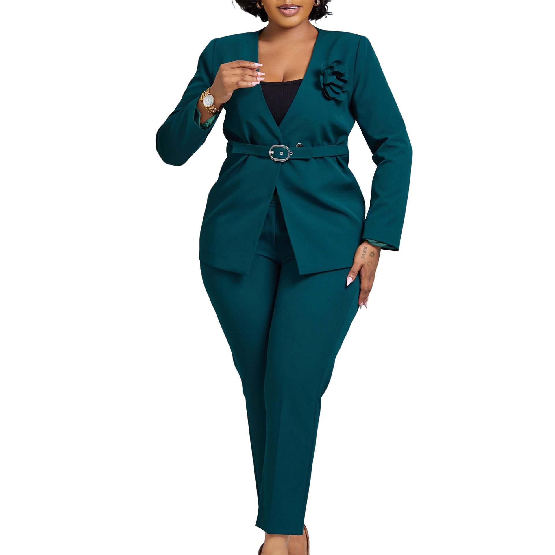 New Product Selection D3343 European and American Cross border Women's Clothing 2025 Autumn/Winter New Collection Solid Color Fashion Suit Pants Two Piece Set African Set