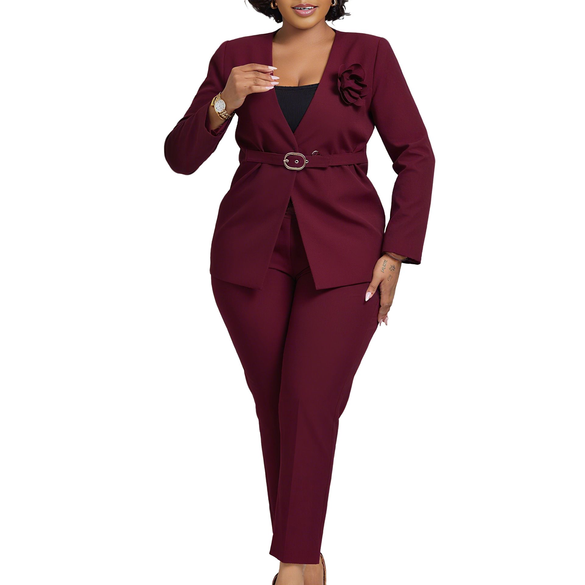 New Product Selection D3343 European and American Cross border Women's Clothing 2025 Autumn/Winter New Collection Solid Color Fashion Suit Pants Two Piece Set African Set