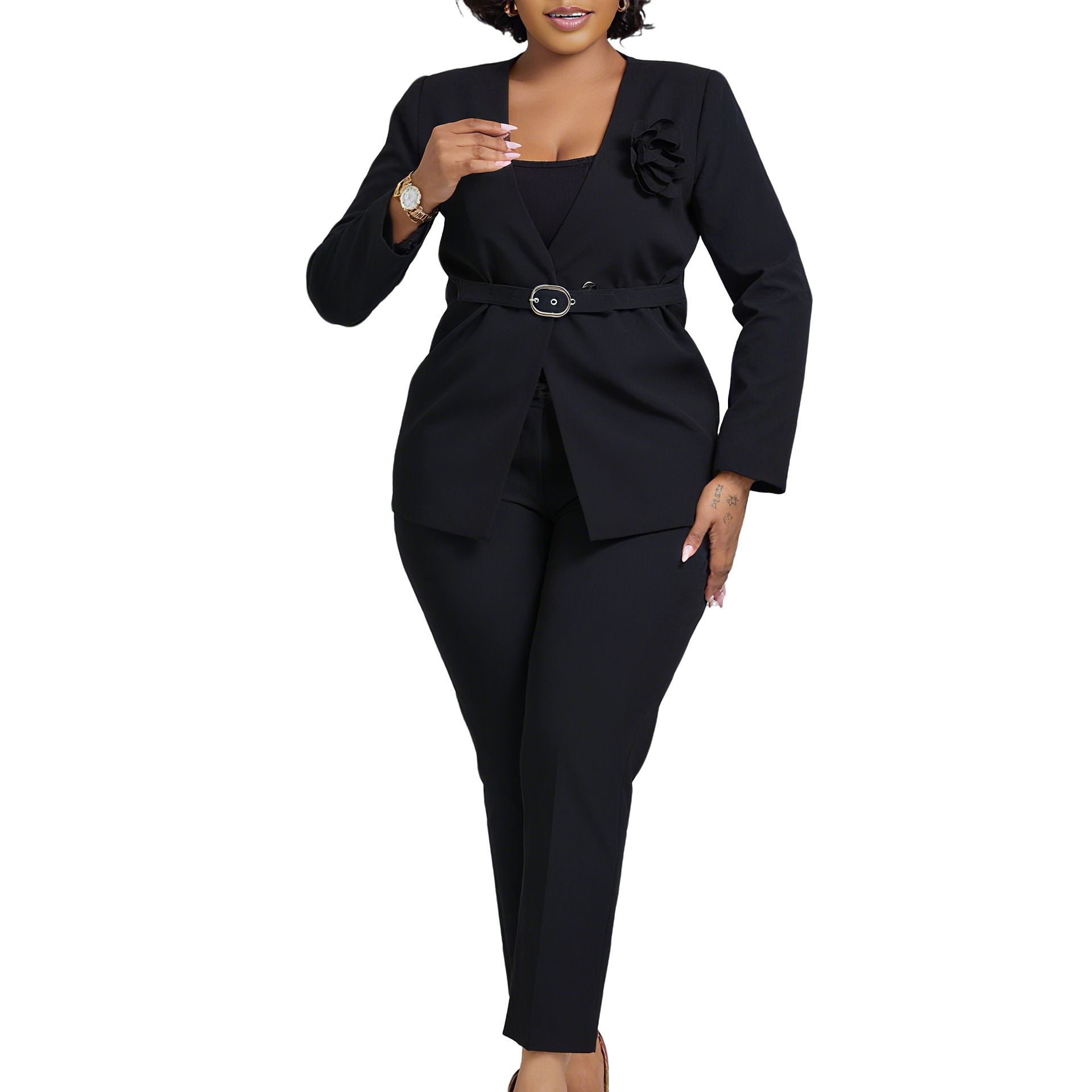 New Product Selection D3343 European and American Cross border Women's Clothing 2025 Autumn/Winter New Collection Solid Color Fashion Suit Pants Two Piece Set African Set