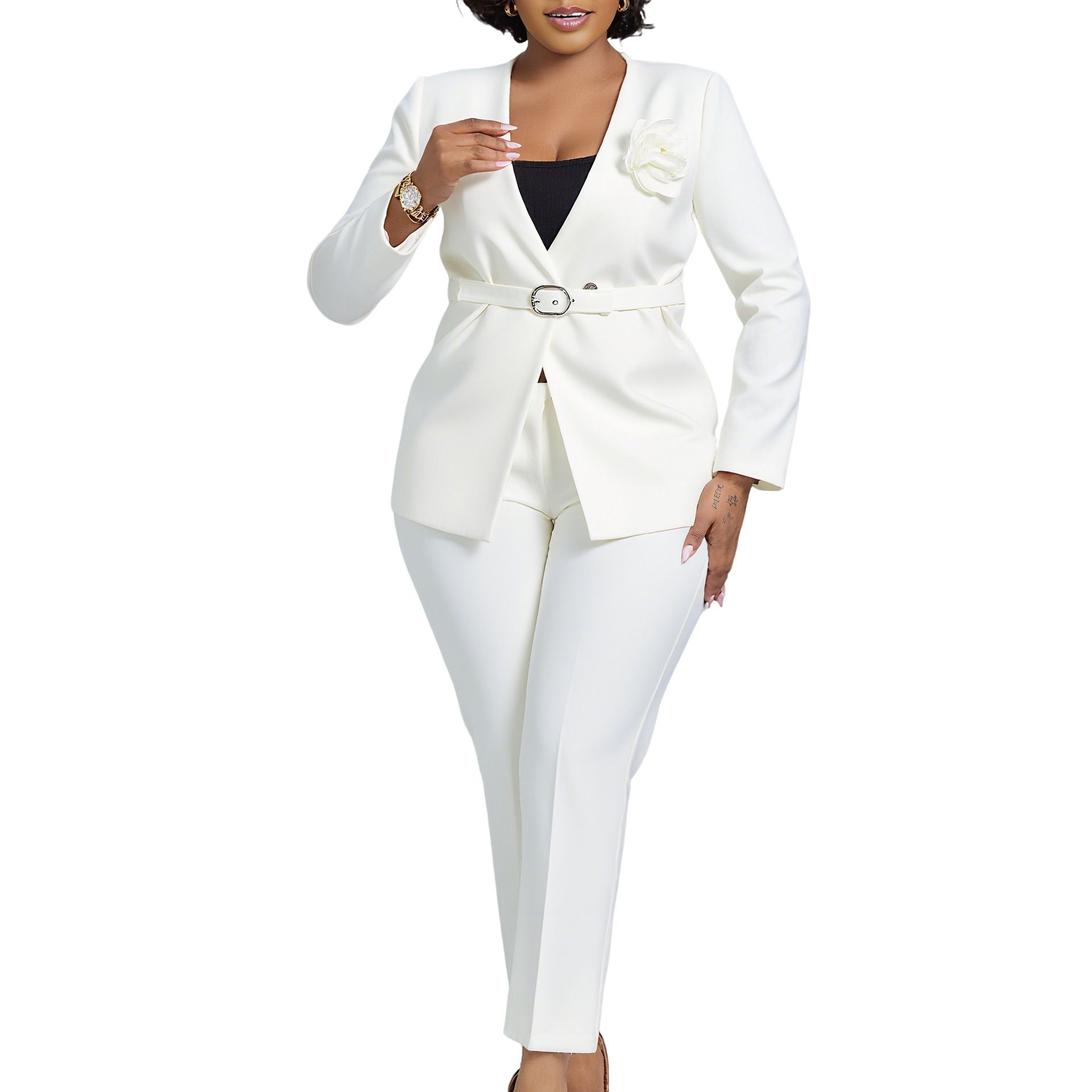 New Product Selection D3343 European and American Cross border Women's Clothing 2025 Autumn/Winter New Collection Solid Color Fashion Suit Pants Two Piece Set African Set