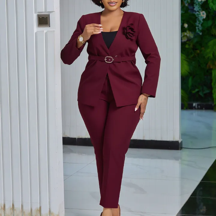 New Product Selection D3343 European and American Cross border Women's Clothing 2025 Autumn/Winter New Collection Solid Color Fashion Suit Pants Two Piece Set African Set