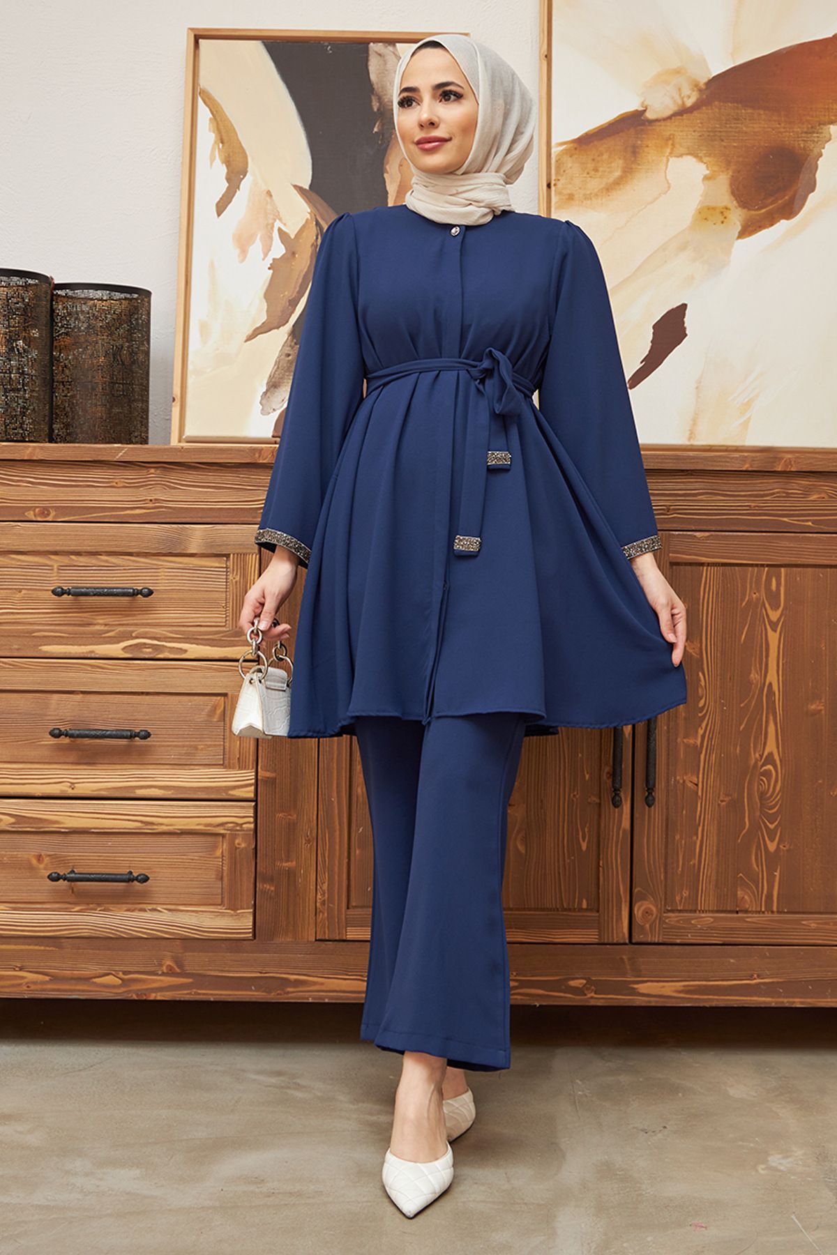 New Product Selection 2216 # Cross border Foreign Trade Middle East, Europe and America Muslim Women's Fashion Hot Diamond Loose Top Bellbottom Pants 2-piece Set