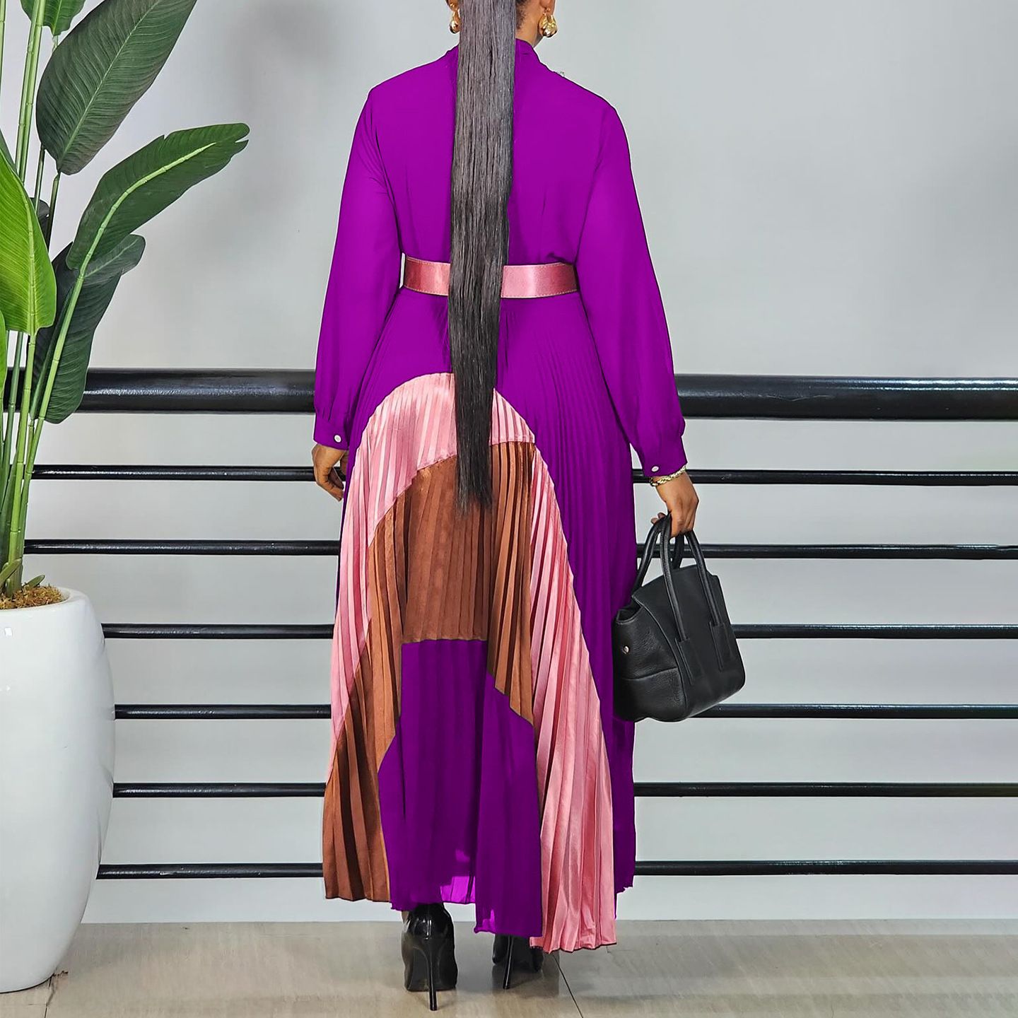 New Product Selection C8623 Foreign Trade Women's Clothing New Fashion Strap Color blocked Folded Skirt Elegance Large Size European and American Dress
