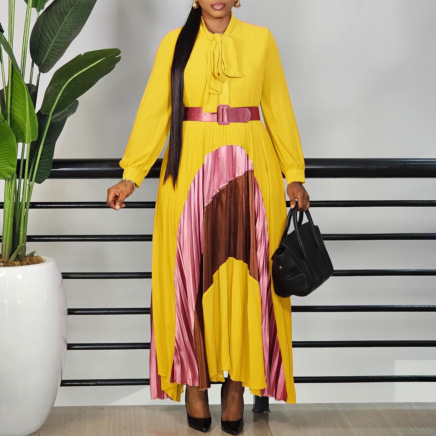 New Product Selection C8623 Foreign Trade Women's Clothing New Fashion Strap Color blocked Folded Skirt Elegance Large Size European and American Dress