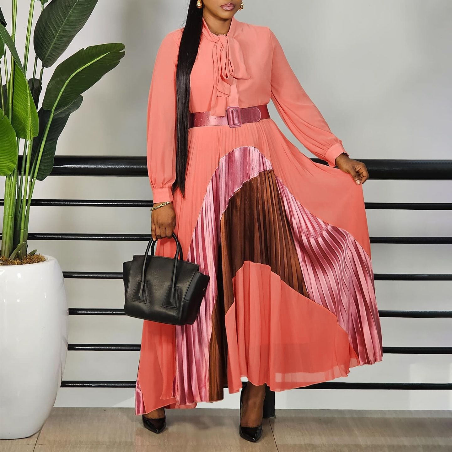 New Product Selection C8623 Foreign Trade Women's Clothing New Fashion Strap Color blocked Folded Skirt Elegance Large Size European and American Dress