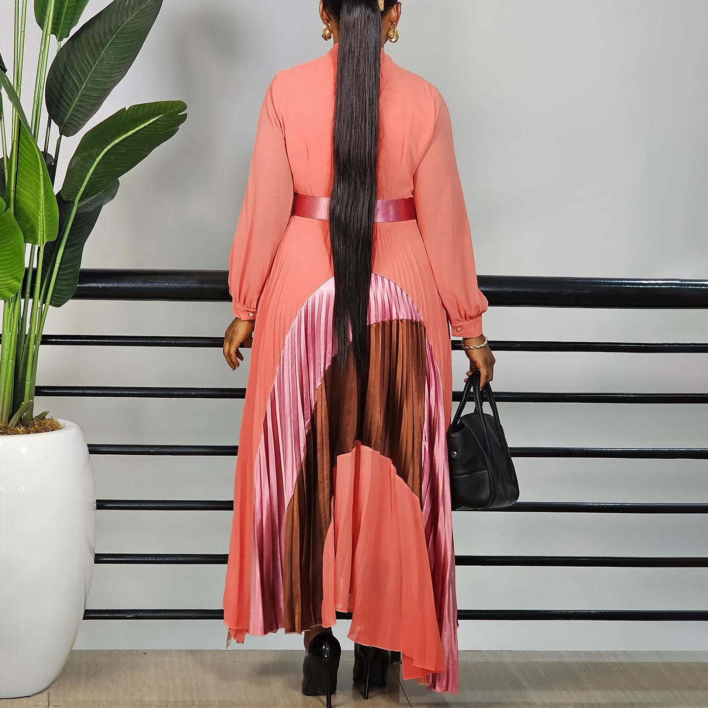 New Product Selection C8623 Foreign Trade Women's Clothing New Fashion Strap Color blocked Folded Skirt Elegance Large Size European and American Dress