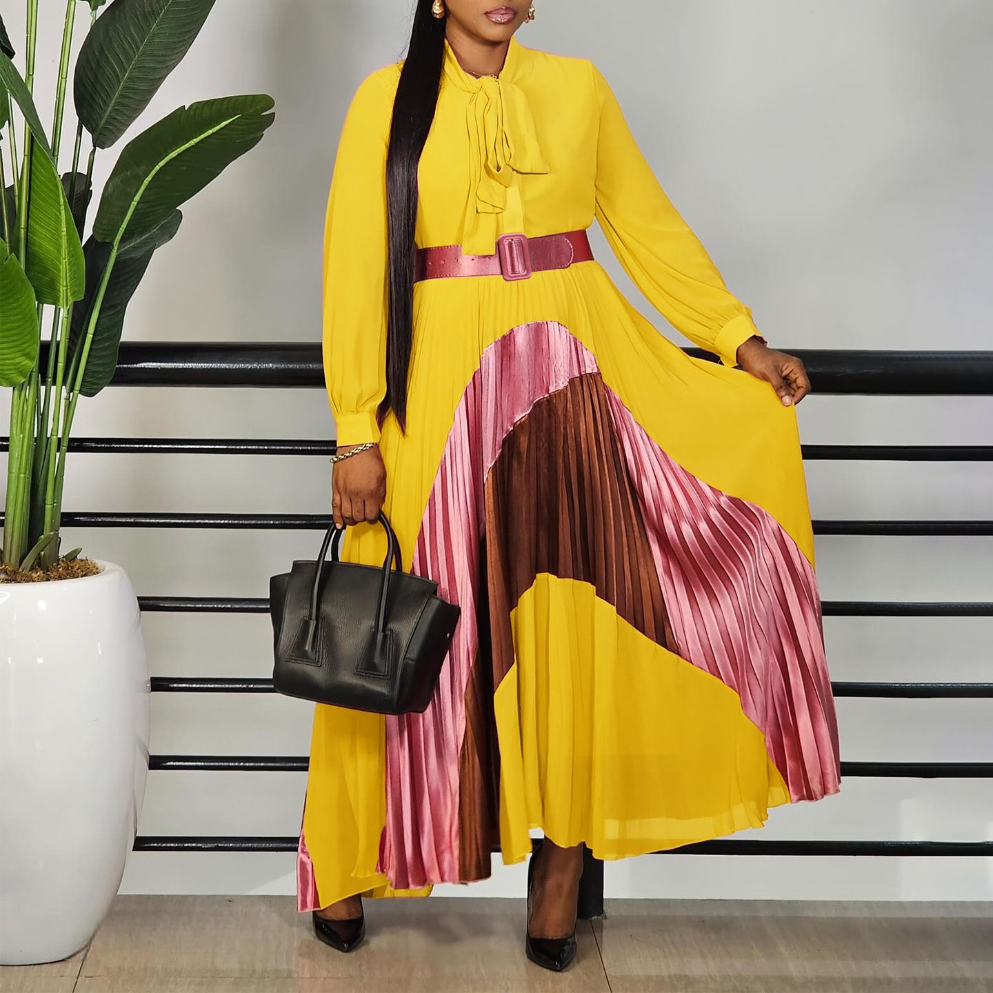 New Product Selection C8623 Foreign Trade Women's Clothing New Fashion Strap Color blocked Folded Skirt Elegance Large Size European and American Dress