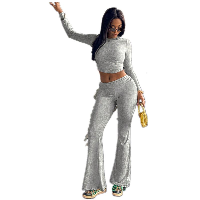 New product selection INS hot selling new product European and American cross-border women's casual design elastic sports solid color versatile long sleeved pants set