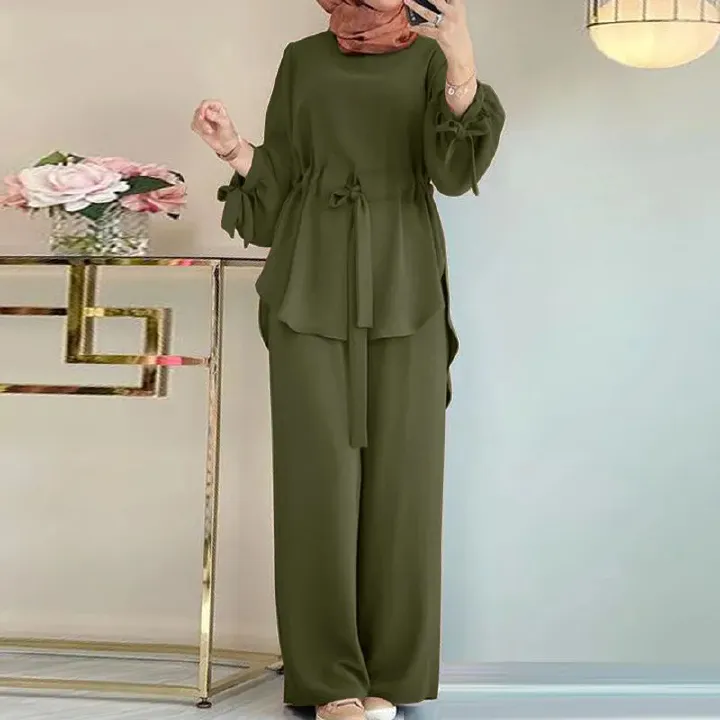 New product selection hot item H730 Muslim women's solid color drawstring tie two-piece set round neck top wide leg pants temperament women's set