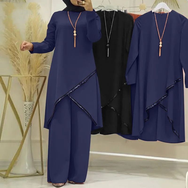 New product selection hot item H720 # Spring and Autumn Muslim two-piece set long sleeved O-neck long sleeved shirt wide leg pants set casual women's set