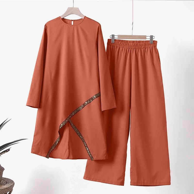 New product selection hot item H720 # Spring and Autumn Muslim two-piece set long sleeved O-neck long sleeved shirt wide leg pants set casual women's set