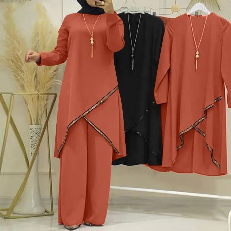 New product selection hot item H720 # Spring and Autumn Muslim two-piece set long sleeved O-neck long sleeved shirt wide leg pants set casual women's set
