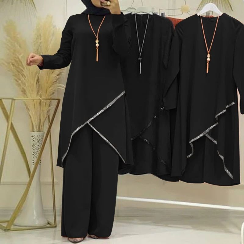 New product selection hot item H720 # Spring and Autumn Muslim two-piece set long sleeved O-neck long sleeved shirt wide leg pants set casual women's set