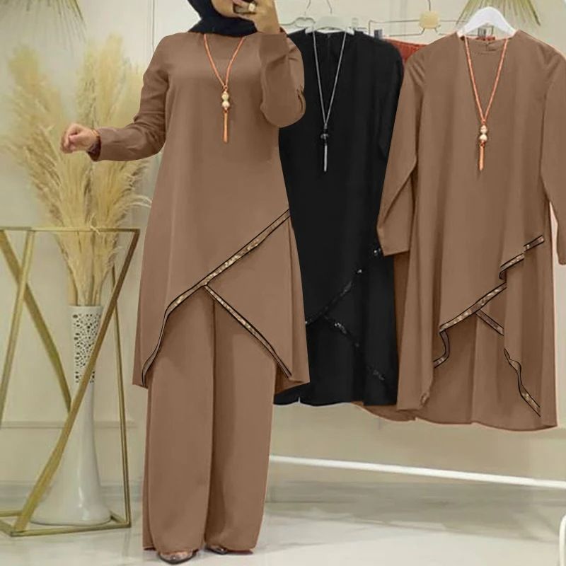 New product selection hot item H720 # Spring and Autumn Muslim two-piece set long sleeved O-neck long sleeved shirt wide leg pants set casual women's set