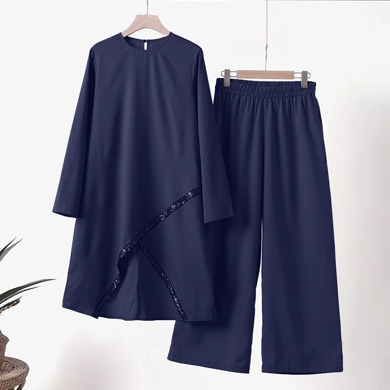 New product selection hot item H720 # Spring and Autumn Muslim two-piece set long sleeved O-neck long sleeved shirt wide leg pants set casual women's set