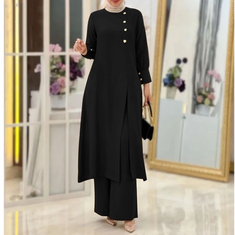 New product selection hot H718 Muslim women's two-piece set fashionable and elegant solid color irregular long shirt top wide leg pants robe