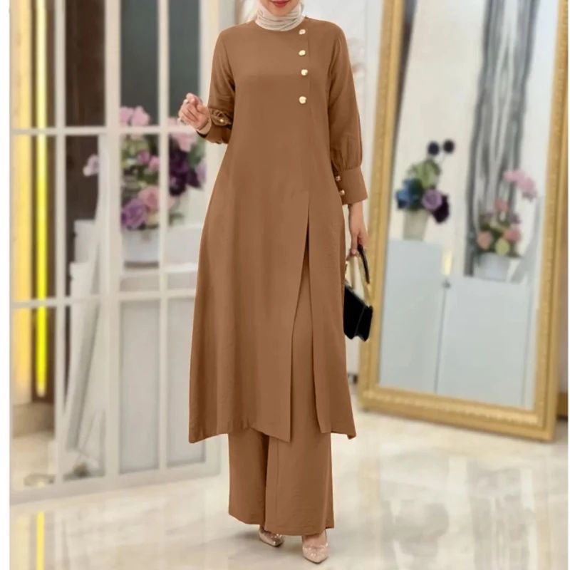 New product selection hot H718 Muslim women's two-piece set fashionable and elegant solid color irregular long shirt top wide leg pants robe