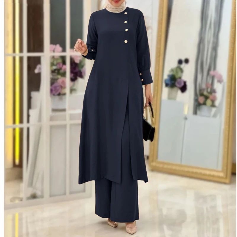 New product selection hot H718 Muslim women's two-piece set fashionable and elegant solid color irregular long shirt top wide leg pants robe