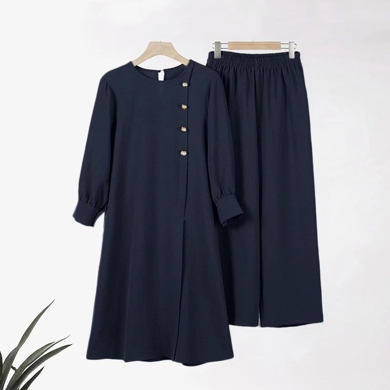 New product selection hot H718 Muslim women's two-piece set fashionable and elegant solid color irregular long shirt top wide leg pants robe