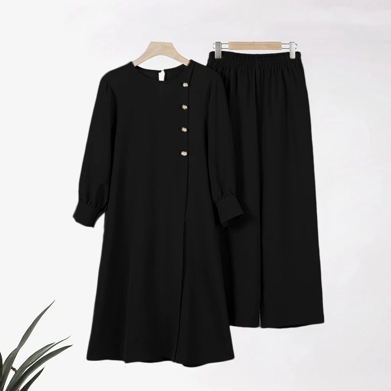 New product selection hot H718 Muslim women's two-piece set fashionable and elegant solid color irregular long shirt top wide leg pants robe