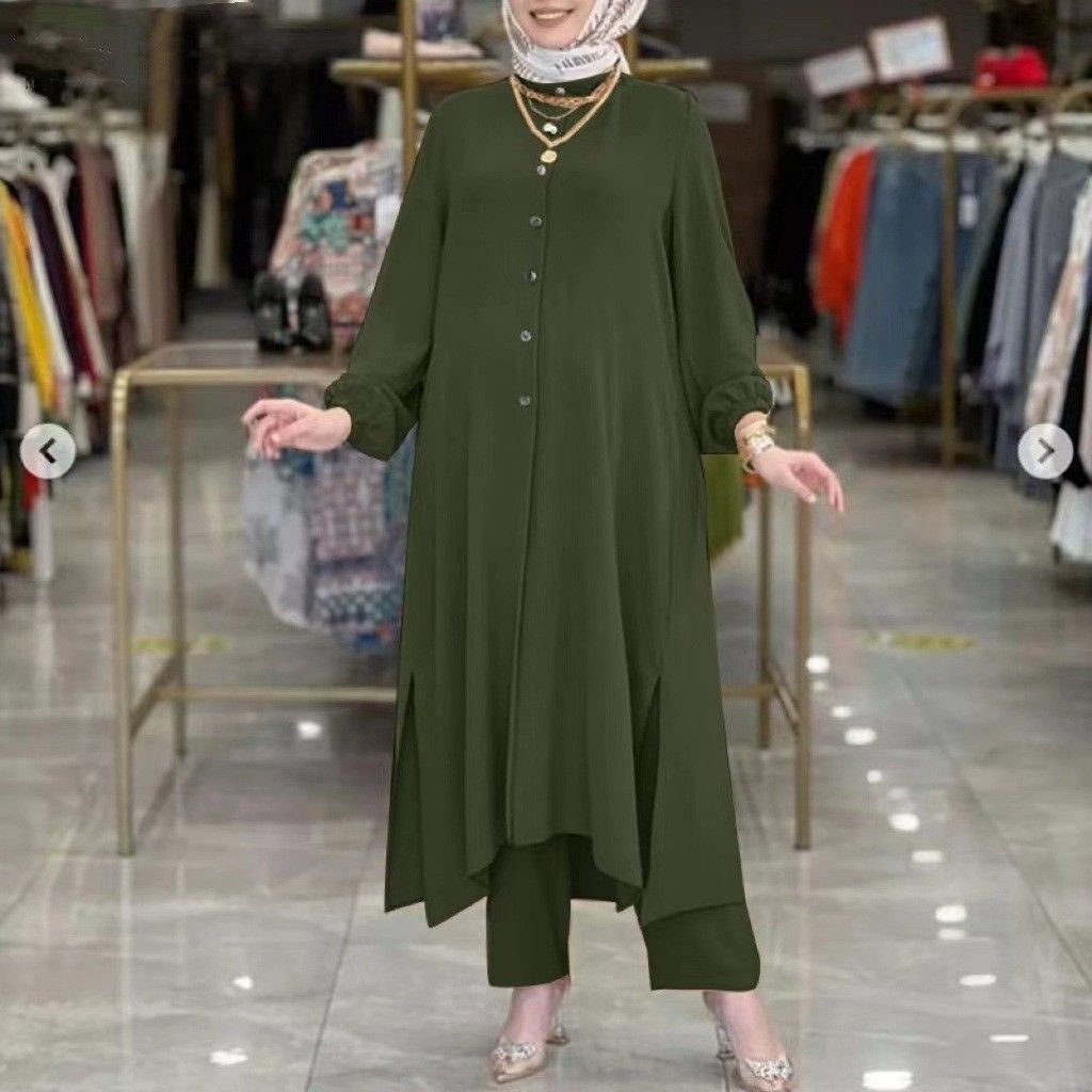 New product selection in stock popular Muslim women's clothing Middle East new ice silk wrinkle loose solid color split collar shirt temperament pants set