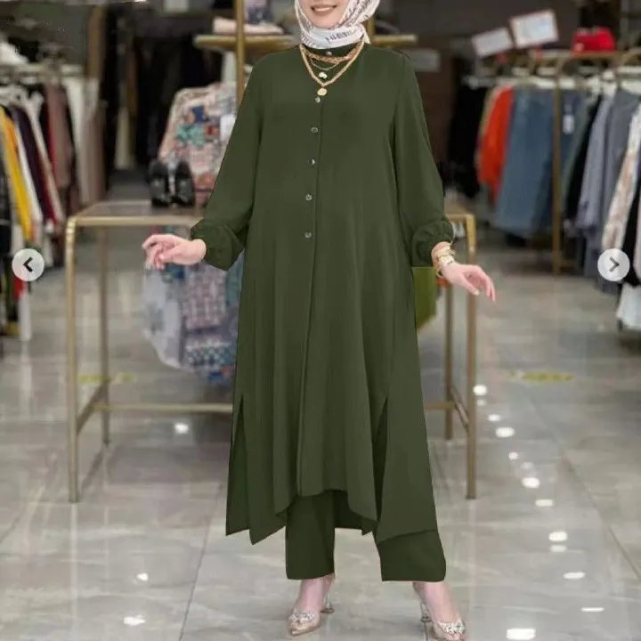 New product selection in stock popular Muslim women's clothing Middle East new ice silk wrinkle loose solid color split collar shirt temperament pants set