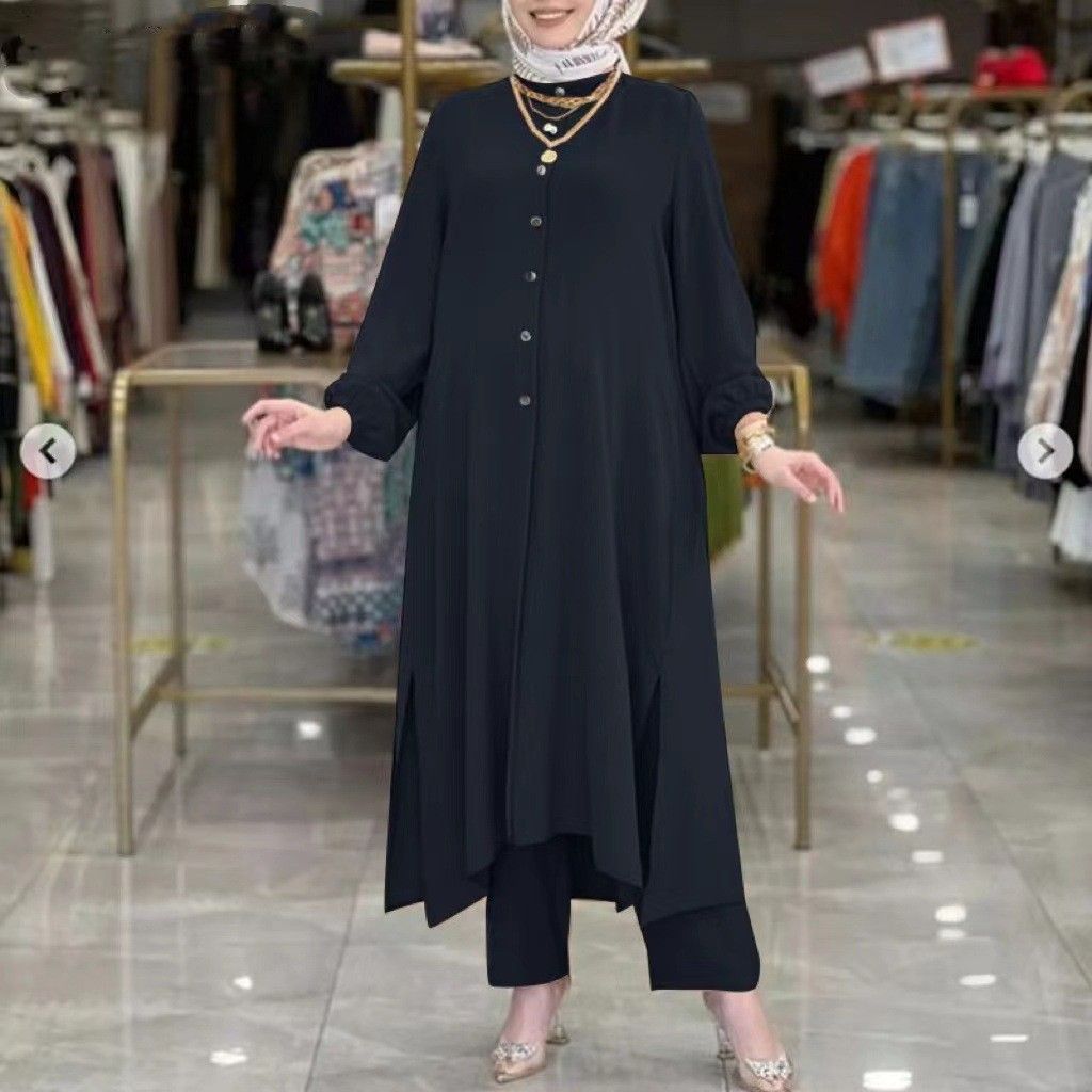 New product selection in stock popular Muslim women's clothing Middle East new ice silk wrinkle loose solid color split collar shirt temperament pants set
