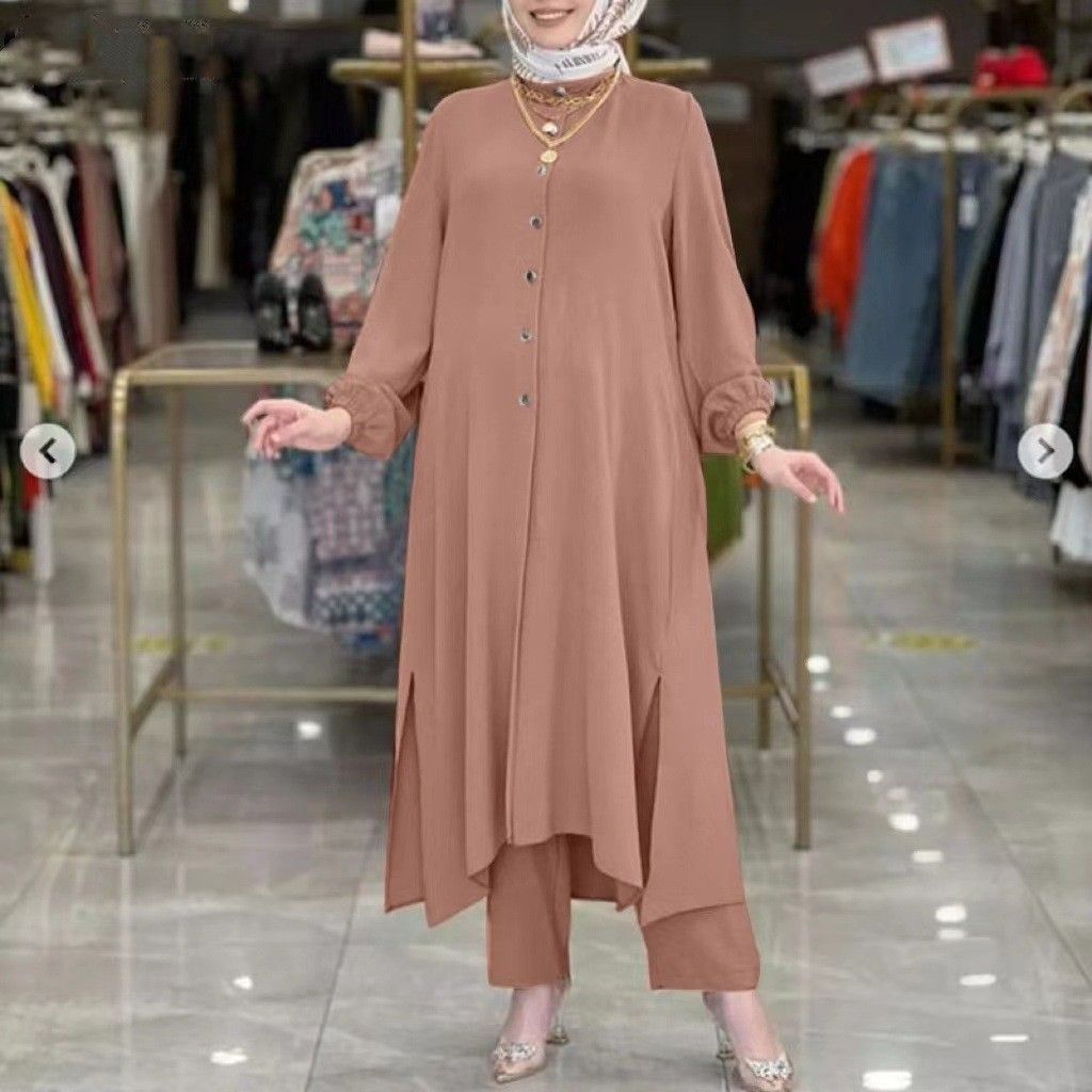 New product selection in stock popular Muslim women's clothing Middle East new ice silk wrinkle loose solid color split collar shirt temperament pants set