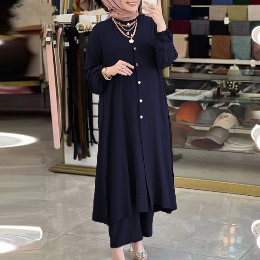 New product selection in stock popular Muslim women's clothing Middle East new ice silk wrinkle loose solid color split collar shirt temperament pants set