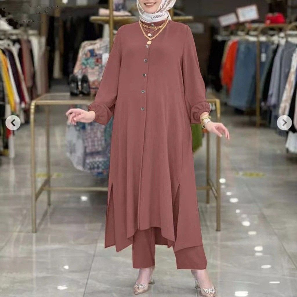 New product selection in stock popular Muslim women's clothing Middle East new ice silk wrinkle loose solid color split collar shirt temperament pants set