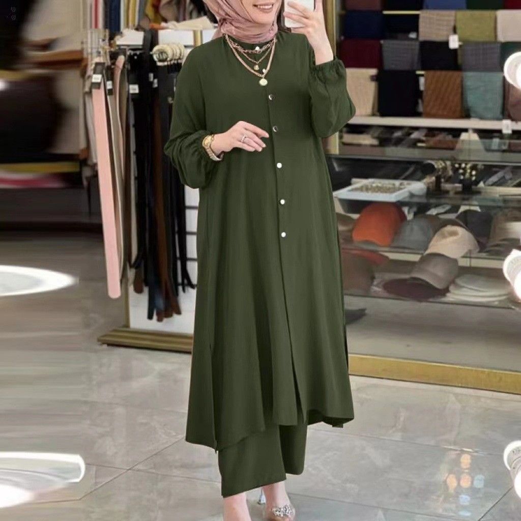 New product selection in stock popular Muslim women's clothing Middle East new ice silk wrinkle loose solid color split collar shirt temperament pants set